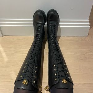 VERSACE LACE UP COMBAT BOOTS WITH GOLD DETAIL, SIZE 38/8, $200